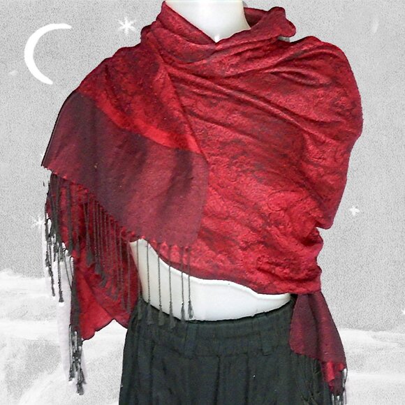 Pashmina - Reversable, Silk Blend, 90s Vintage, Red Black Exotic - Picture 1 of 11